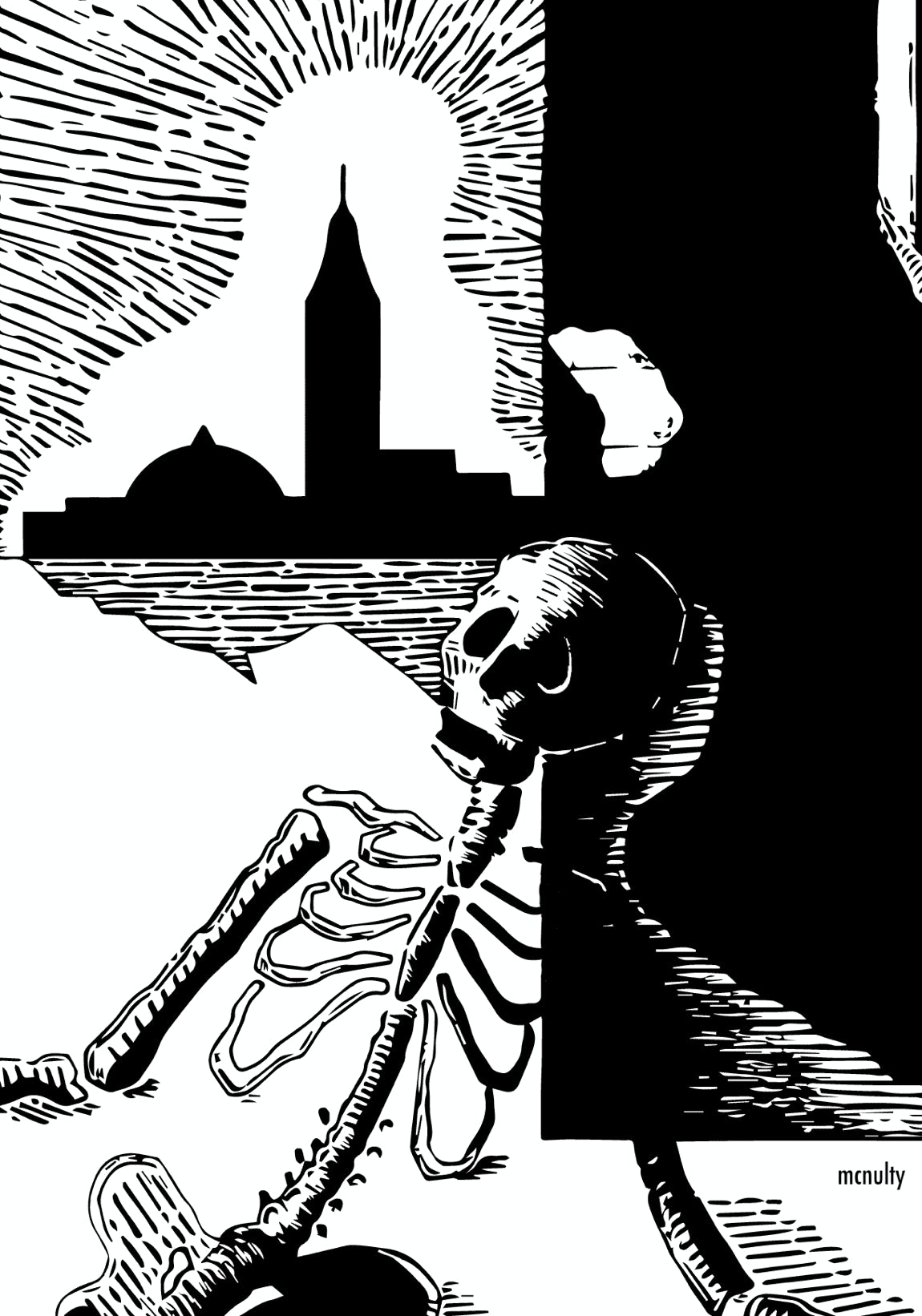 Skeleton against wall illustration.