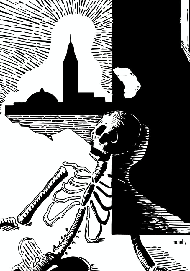 Skeleton against wall illustration.